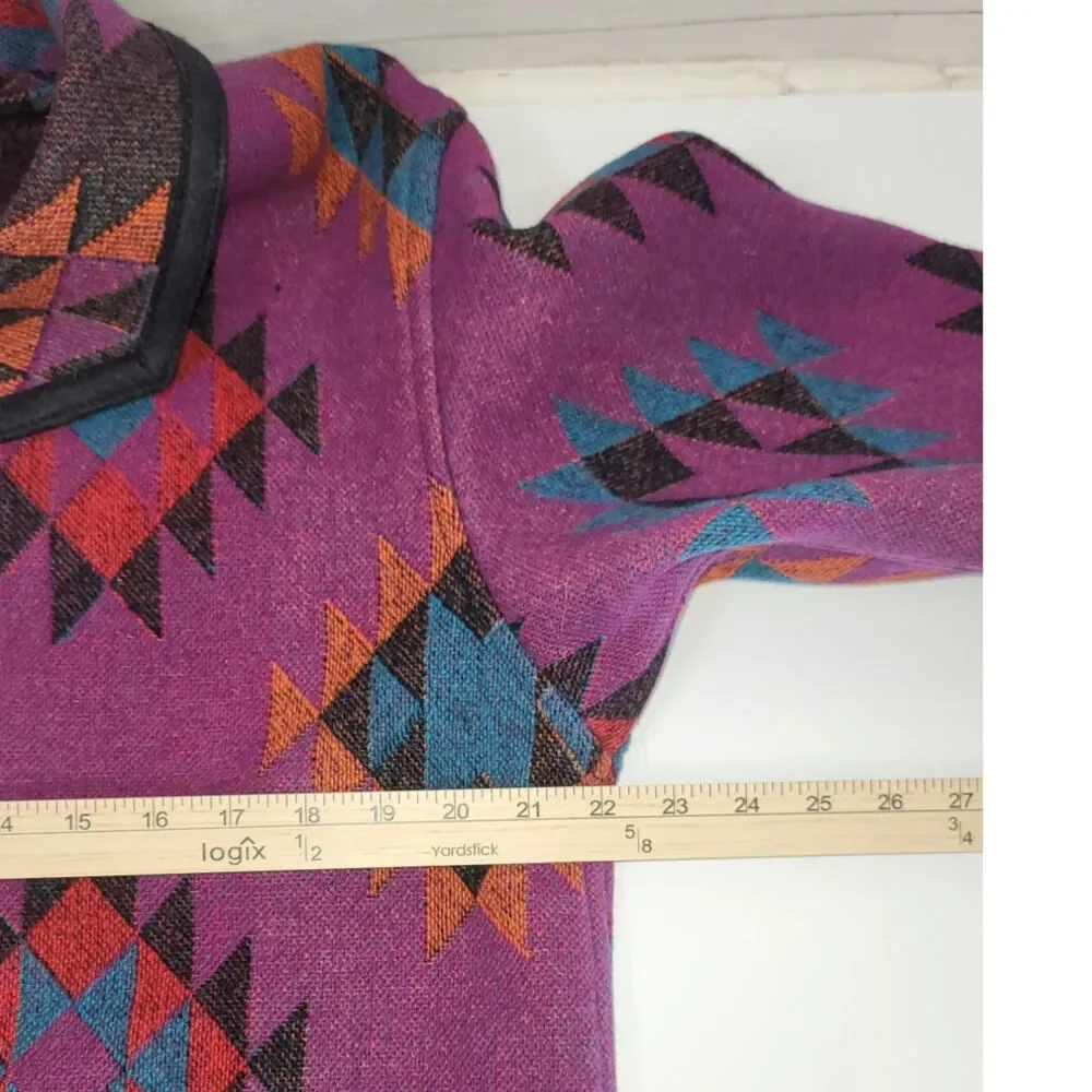 VINTAGE WOOL BLEND AZTEC PRINT BUTTON UP JACKET W FRINGE DETAIL, SZ LARGE